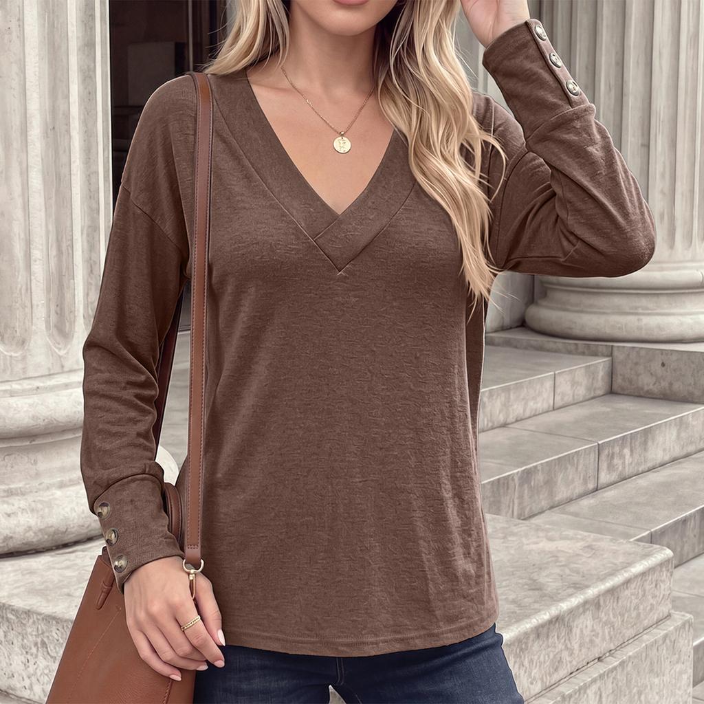 Women's V-Neck Loose Fit Button Front Long Sleeve T-Shirt Brushed Fabric Soft Top