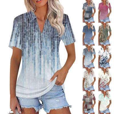 Damenmode Lässig Revers Kurzarm Print Hemd Damen V-Ausschnitt Tops
