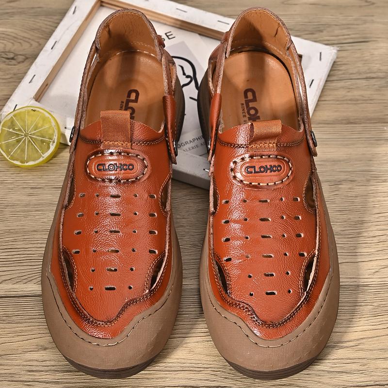 

Fashion Breathable Beach Leather Man Sandals Outdoor Soft Hiking Closed Toe Summer Hollow Out Shoes Mens Baotou Trekking Casual Sandals 38 коричневый