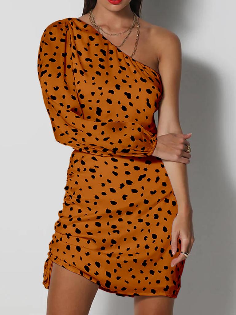 Hottie Sexy Slanted Shoulder Single Sleeve Leopard Print Waist Hollow Fashion Hip Dress