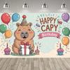 Lindo Fondo Temático de Fiesta de Capibara y Conejo de las Indias, Pancarta con Estampado de Pastel y Globos de Colores para Decoración de Fiesta Infantil