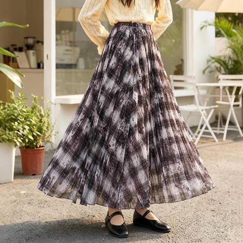 Fei Yuan Women's Lightweight Plaid Color Block Wide-Hem Skirt - Early Spring Fashion