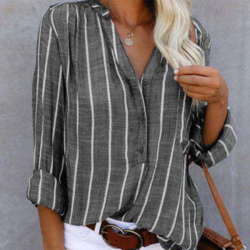 Semplice ed elegante camicia a righe stampata da donna a maniche lunghe taglie forti casual camicetta da donna vintage con bottoni e colletto rovesciato camicette da donna top 24661