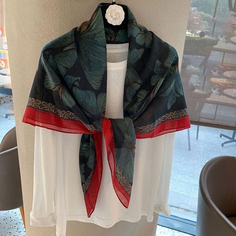 [Variety sunscreen shawl retro printed square scarf women's summer silk cotton silk scarf