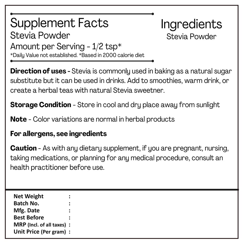H&C Herbal Ingredients Expert Natural Stevia Leaf Powder - 227g | Substitute To Sugarfree Sweetner and Zero Calorie
