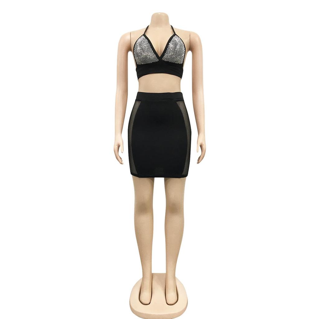 C3645 Fashion European & American Nightclub Skirt: Hot Drilling, Cross Straps, Backless Two-Piece Set