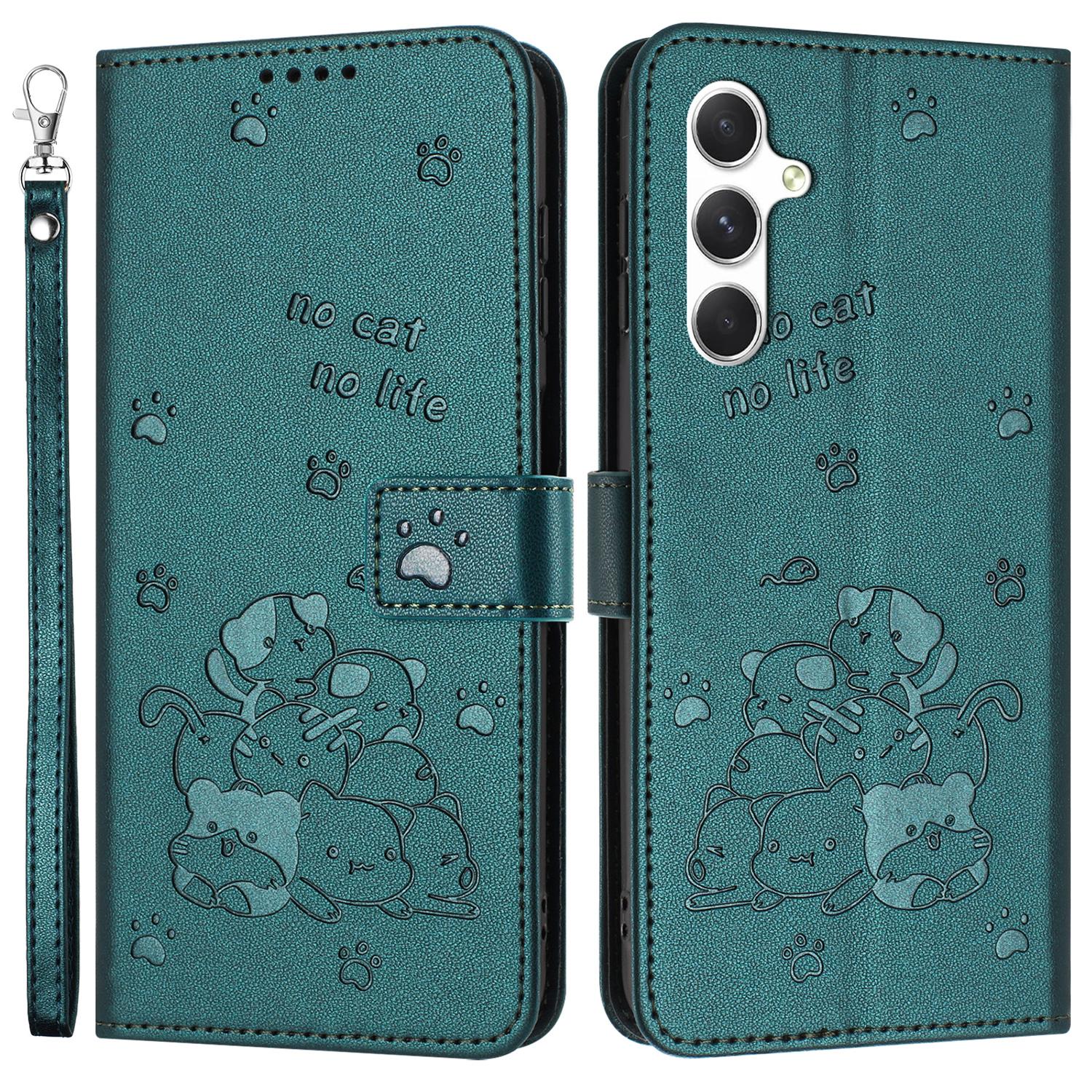 

For Samsung Galaxy A05s 4G Case with Strap Cats Imprint Leather Wallet Phone Cover Blackish Green