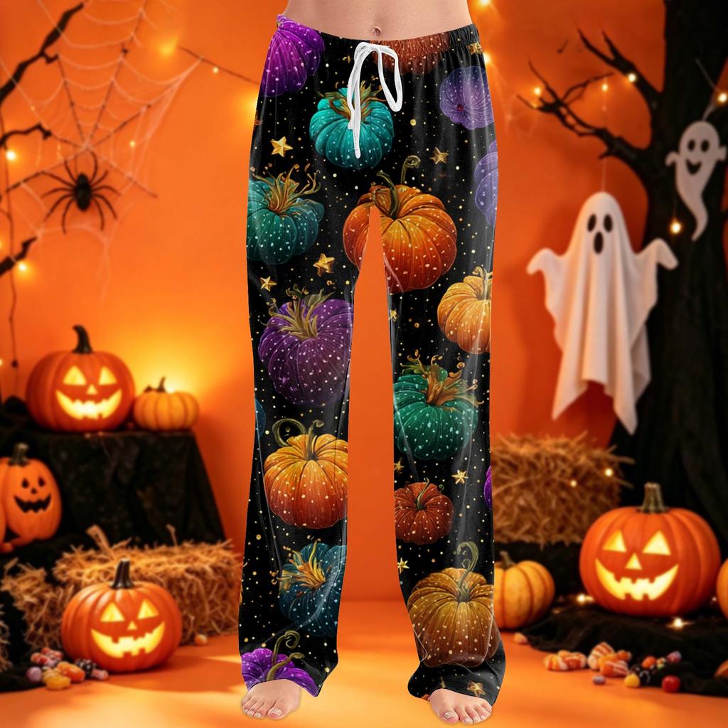 Women's Pants with Drawstring and Halloween Print for Casual Sleepwear
