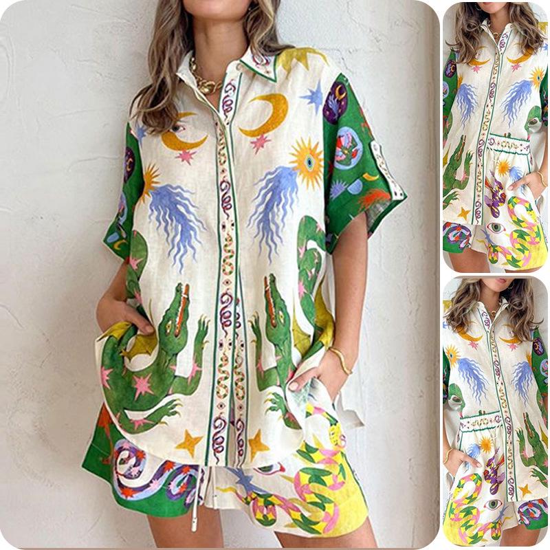 2026 Spring European and American Women's Casual Printed Three-Quarter Sleeve Pants Suit