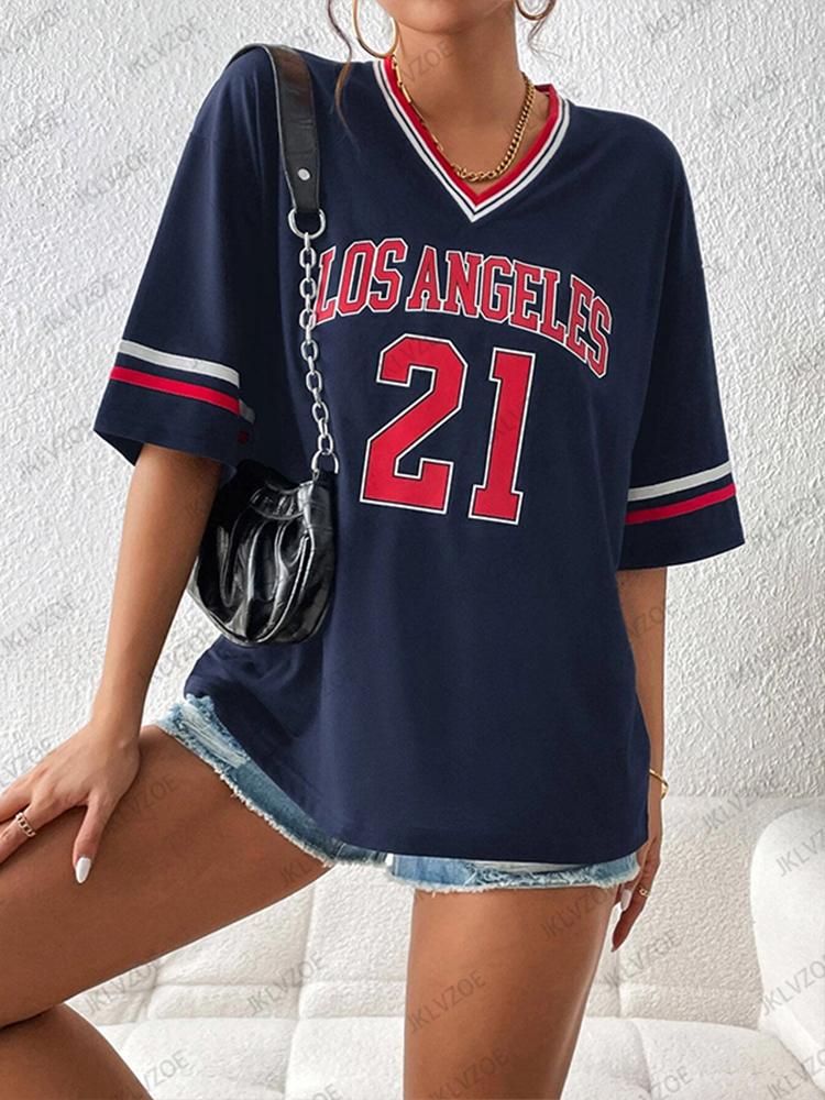 Nuova T-Shirt Stampata Los Angeles N.21 da Donna Estate Scollo a V Manica Corta Sportiva Maglia da Calcio Y2K Top Larghi Oversize
