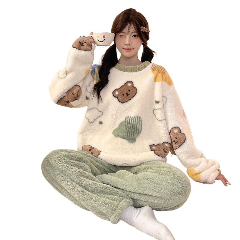 Damski Słodki Kreskówkowy Flanelowy Zestaw Piżamowy - Gruby, Podszyty Polarem i Przytulny na Jesień i Zimę