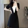 European Elegant Summer 2026 V-neck A-line Black & White Slimming Dress for Women