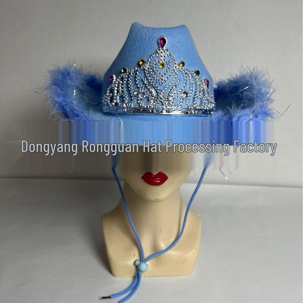In-Stock Pink & Silver Fringed Rhinestone Crown Velour Western Cowboy Hat