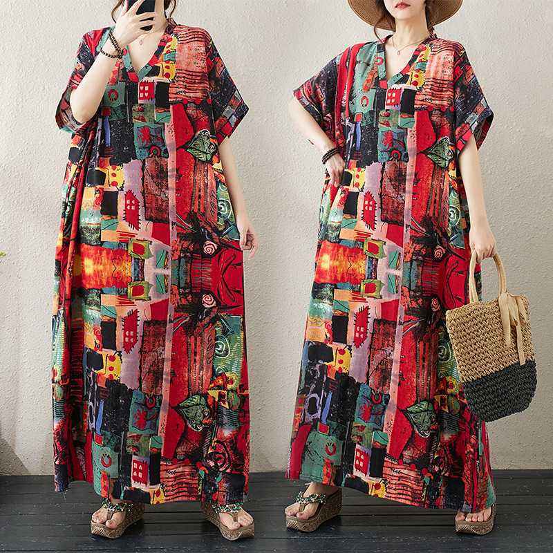 

Summer Cotton and Linen Printed Loose and Simple Long Skirt for Women One size