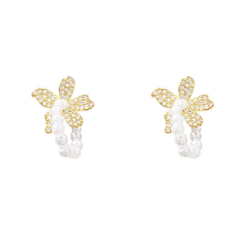 European and American Retro Pearl Flower Earrings Women's Exquisite Versatile Slightly Inlaid Zircon Stud Earrings Cold Wind Simple Personalized