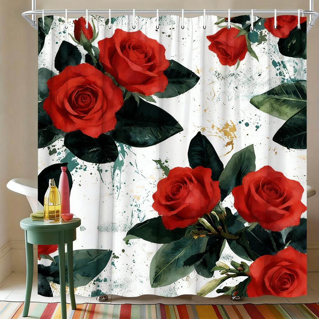 Watercolor White Gardenia Flowers With Green Leaves Waterproof Shower Curtain For Bathroom Decor