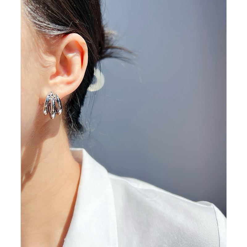 Real Gold-Plated Copper Crazy Sister Classic Three-Tube Earrings: Women's C-Shaped Hoop Silver Needle 300