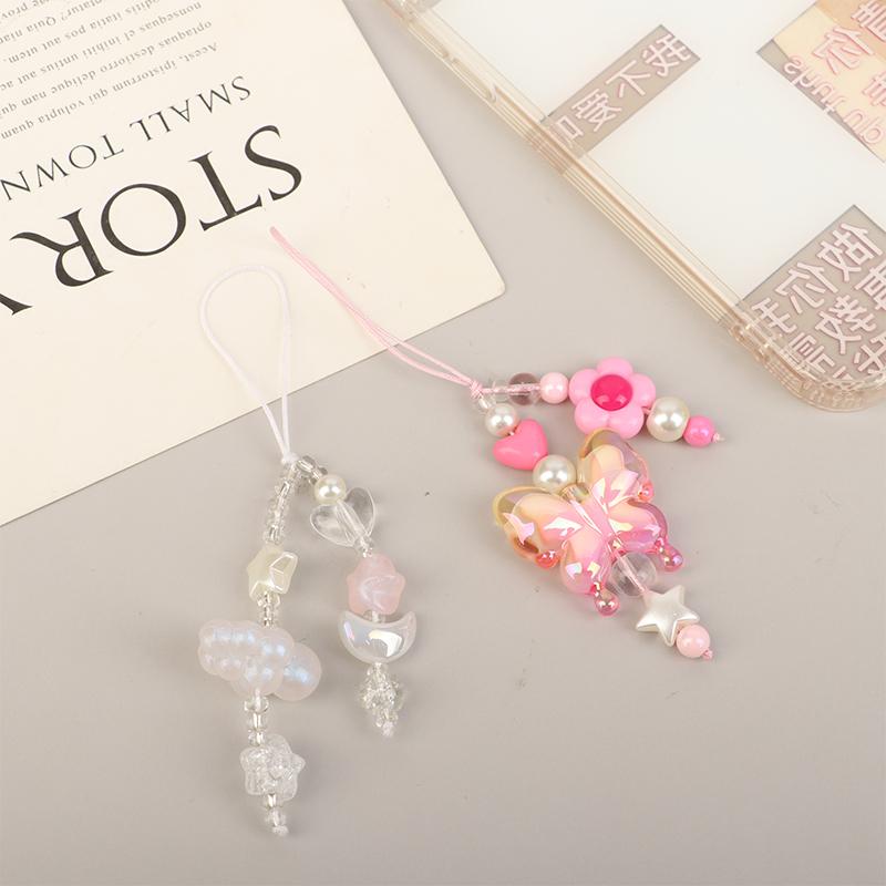 Clear Bead White Star Moon Cloud Cute Phone Charm Strap Keychain Cellphone Flower Lanyard Bag Earphone Camera Pendant