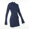 Women Elegant Dark Blue Mini Dress Autumn Pocket Long Sleeve Bodycon Dresses Lady Chic Party Club Robe
