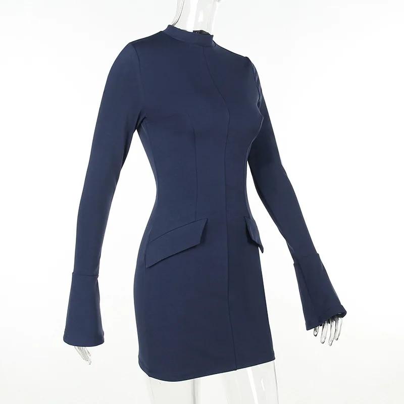 Women Elegant Dark Blue Mini Dress Autumn Pocket Long Sleeve Bodycon Dresses Lady Chic Party Club Robe