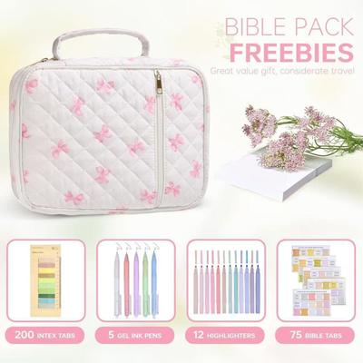 Quilted Bible Case Women Floral Bible Cover Case with Handle Study Supplies Bag Portable Bible Carrying Case Includes Tabs And Highlighter Pens for