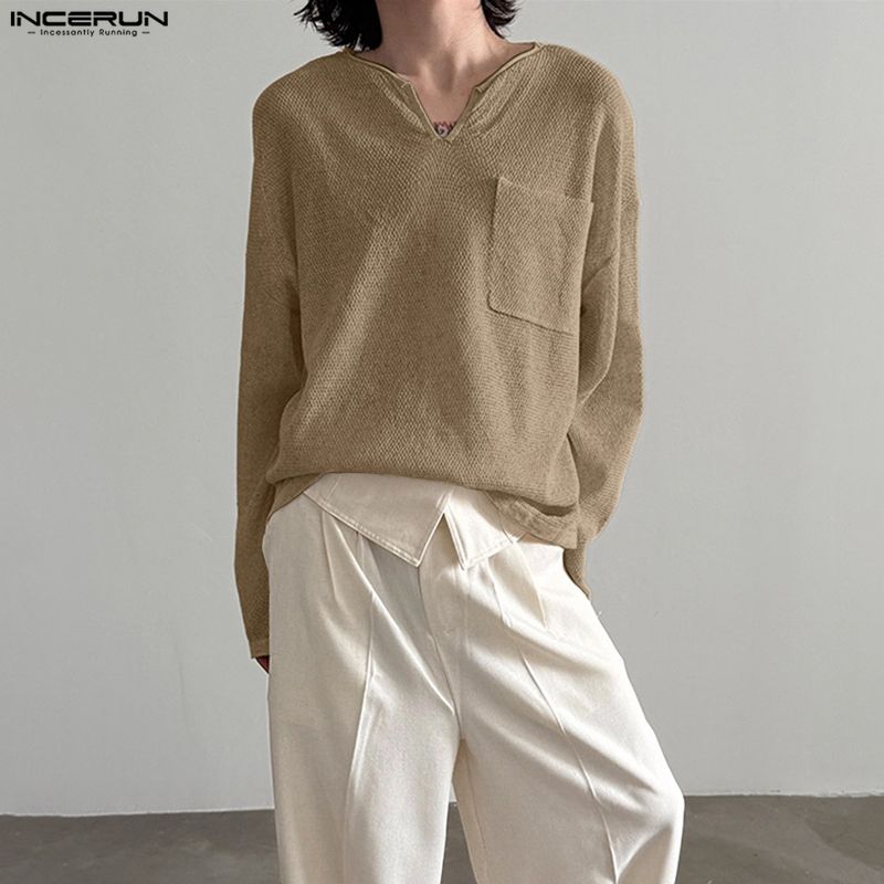 INCERUN Oversized Autumn Spring Men Casual Long Sleeve Texture T-shirts Tops