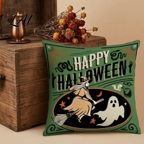 Halloween Patterned Pillow Shells 4Pcs/Set Linen Cushion Covers 18x18 Inch Retro Throw Cases Covers for Sofa Skeleton Pumpkin Black Cat Witch Couch