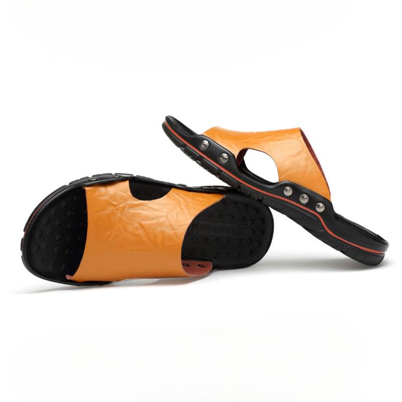 

38-48 Літня Мода Натуральна Шкіра Чоловічі Шльопанці Висока Якість Антиковзні Хлопчачі Сандалі Ультралегке Пляжне Взуття Прохолодний Комфорт Повсякденний 48 жовтий