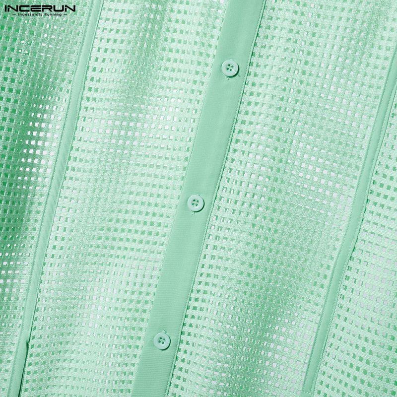 INCERUN Men Lapel Neck Long Sleeve Hollow Out Fishnet Mesh Sheer Beach Shirts Tops 