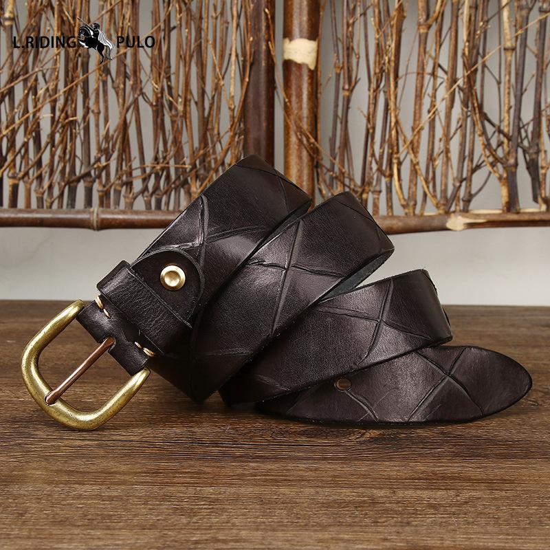 Cintura da Uomo in Pelle con Motivi Dipinti a Mano, Fibbia ad Ardiglione in Vera Pelle, Elegante Cintura Coreana in Pelle di Mucca