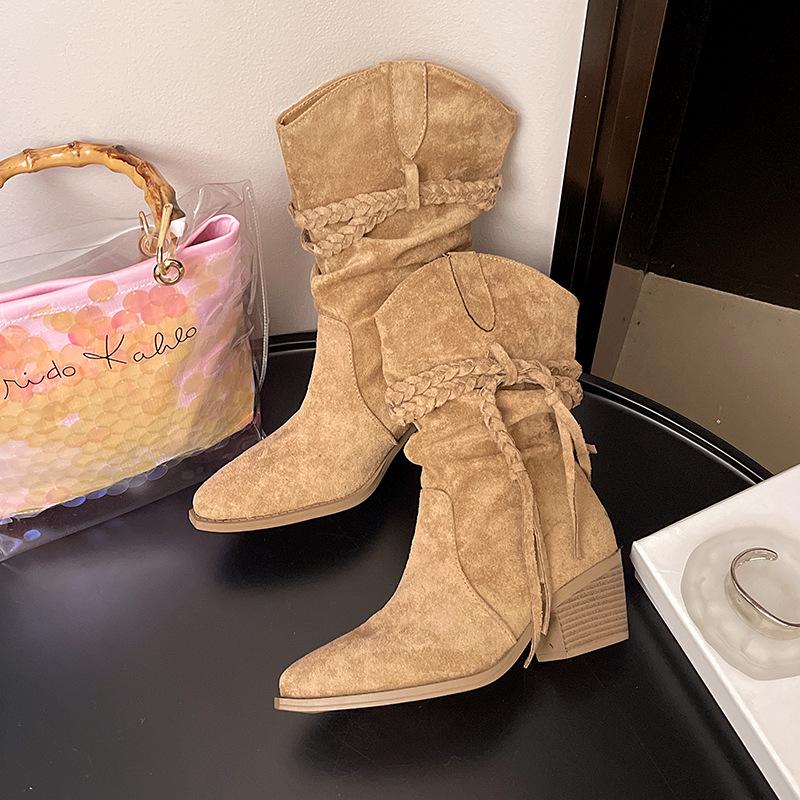 Women's 2025 Autumn Ethnic Lace-up Suede Chelsea Boots with Chunky Heel and Braided Strap