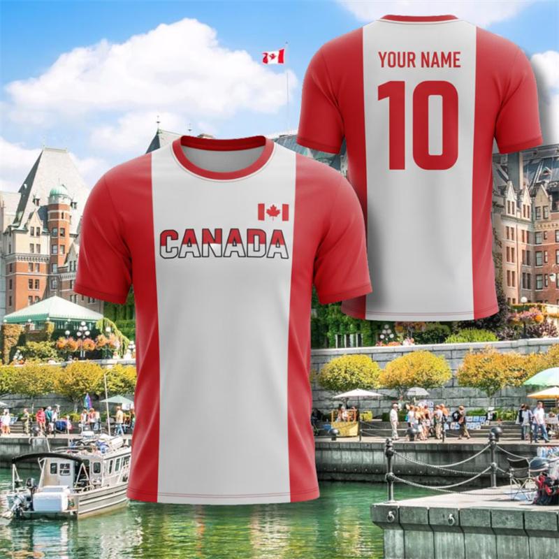 Red Maple Leaves Print Design Canada Football T-shirt Unisex Round Neck Breathable T Shirts Custom Name Number Sport Quick Dry