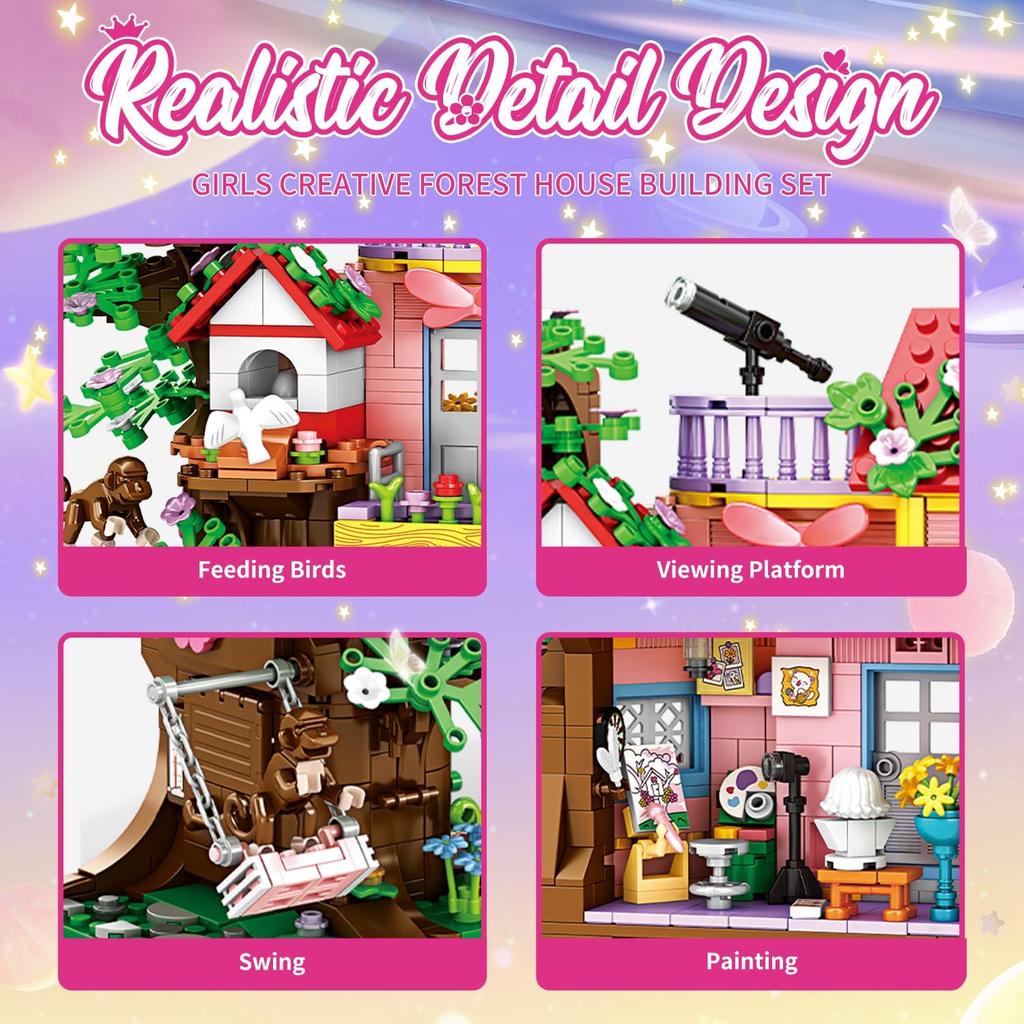 840 Piece Tree House Building Sets,Girls Creative Forest House Building Blocks Kit,STEM Friends Friendship Tree House with Swing Animals