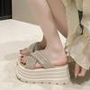 Fashion 8CM Heels Chunky Slippers For Women Open Toe High Platform Leather Sandals Woman New Summer Thick Bottom Beach Bling Flip Flops