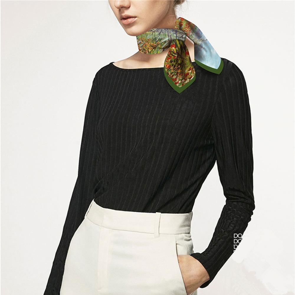 Silk Scarf Women Green Ears Of Wheat Square Scarves Wraps Bandana Small Hijab Foulards Lady Tie Headband Neckerchief 53CM