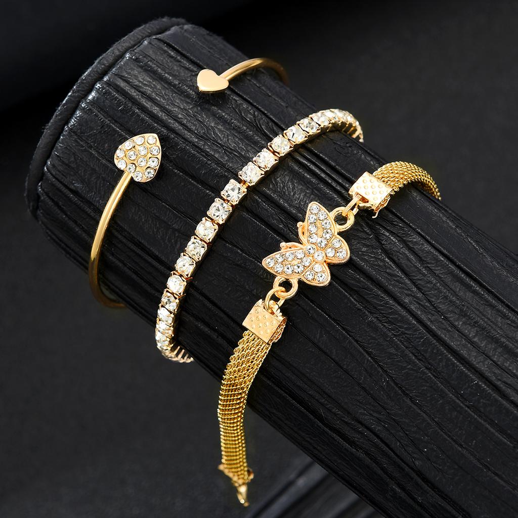 3Pcs/Set Luxury Rhinestone Butterfly Heart Bracelet For Women Vintage Exquisite Gold Color Cuff Bangle Female Daily Wear Jewelry