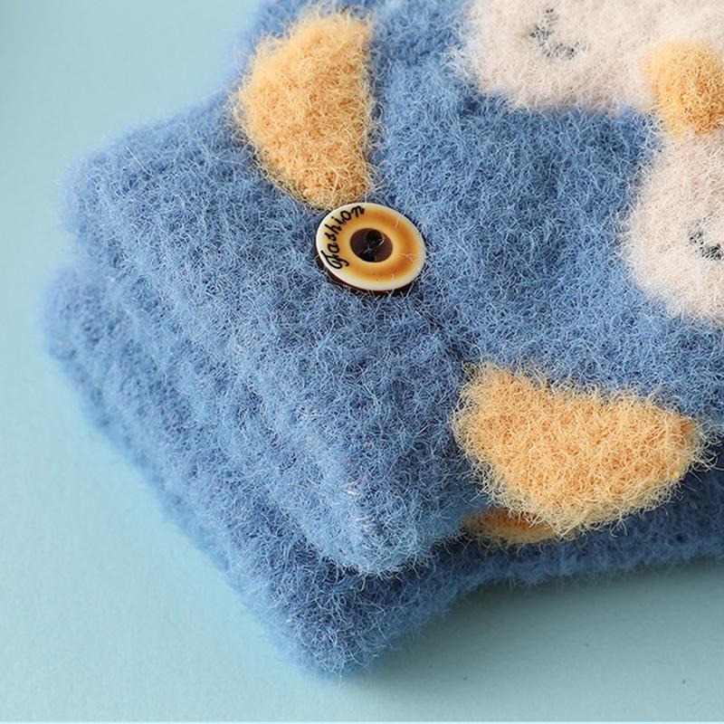 

1 Pair Kids Mink Velvet Warm Gloves Half Finger Cover Cartoon Shape Dark Blue