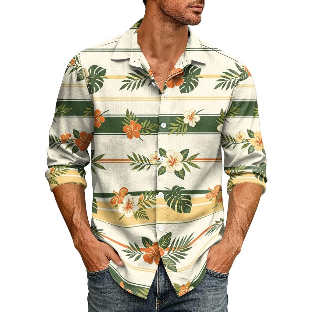 Men's Loose Fit Long Sleeve Shirt Hawaiian Style Button Down Collar Casual Vintage Design Lightweight Breathable Fabric Suitable for Spring Autumn