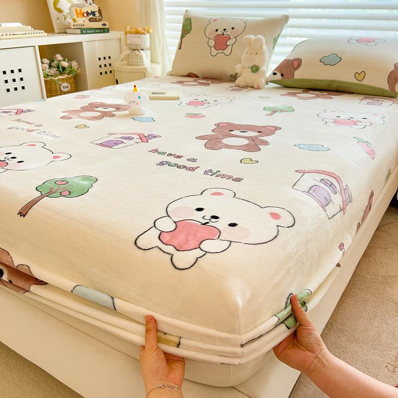 Winter Warm Flannel Fleece Bed Sheet Cartoon Flower Printed Thick Bed Sheets for Winter Single/Queen/King Soft Plush Bed Sheet