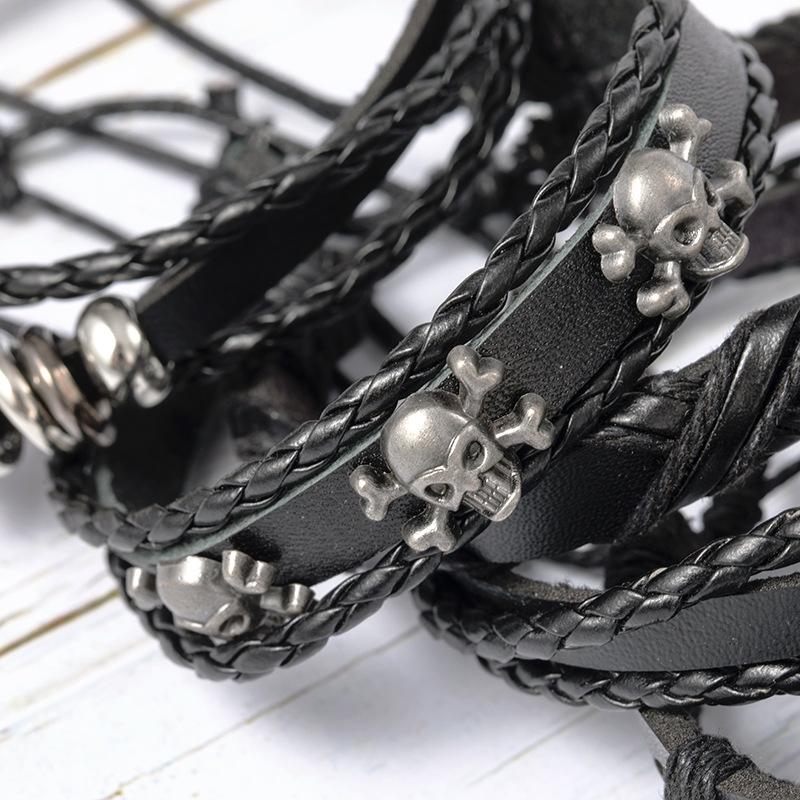 Men's Punk Skull Leather Bracelet Set Multi-Layer Gothic Rock Chain Bracelets Pentagram Charm Hip Hop Streetwear Badge Jewelry Accessories for Him