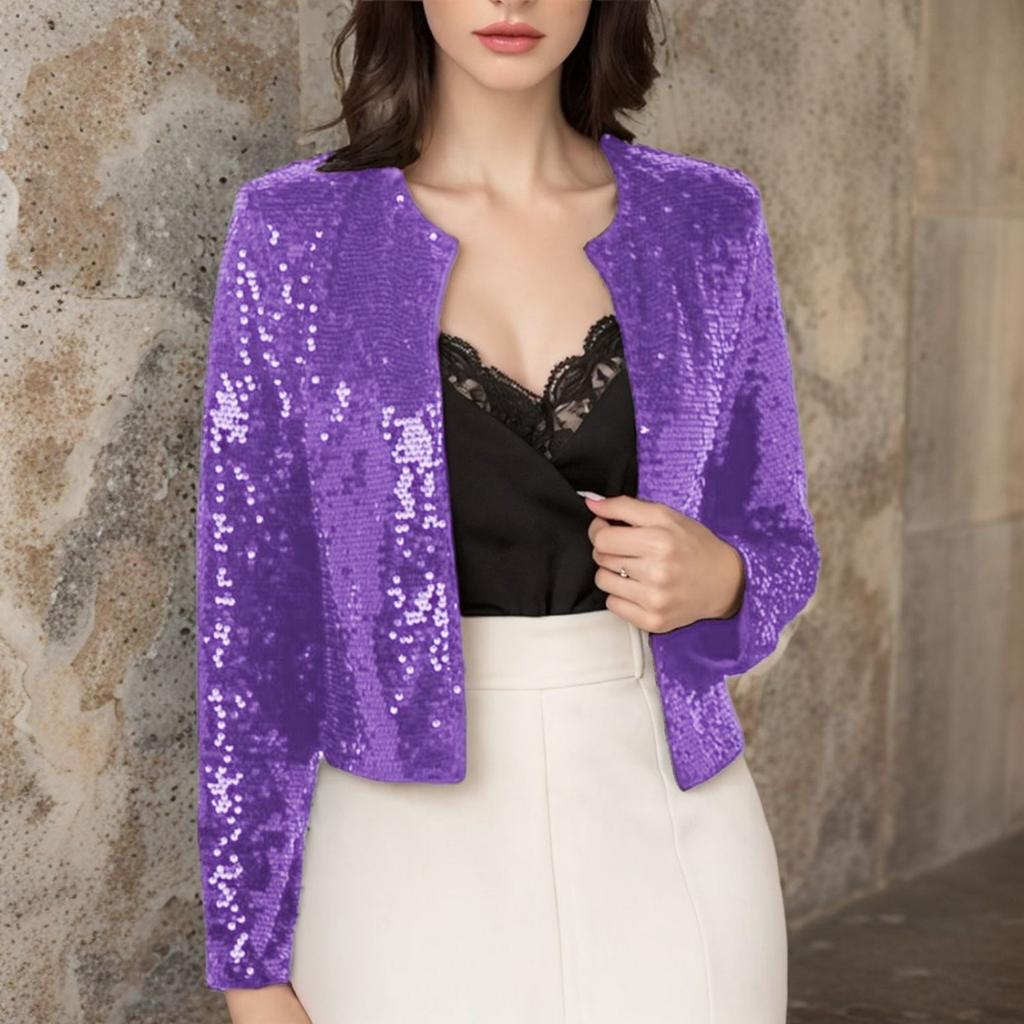 Women’s Crew Neck Long Sleeve Open Front Cardigan Casual Versatile Sequin Jacket Outerwear for Daily Wear