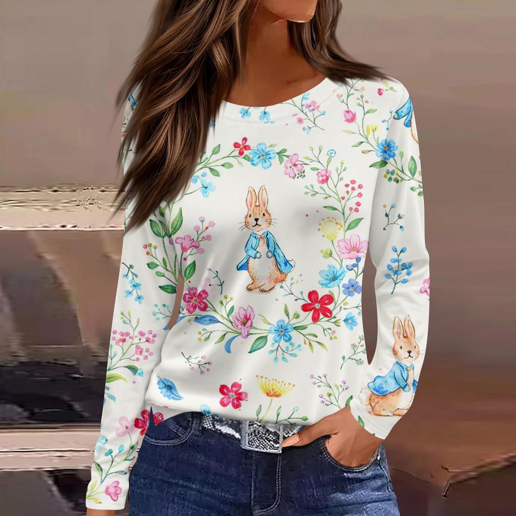 Women's Fashion Casual Slit Hem Round Neck Long Sleeve Loose Printed T-Shirt Ladies Top