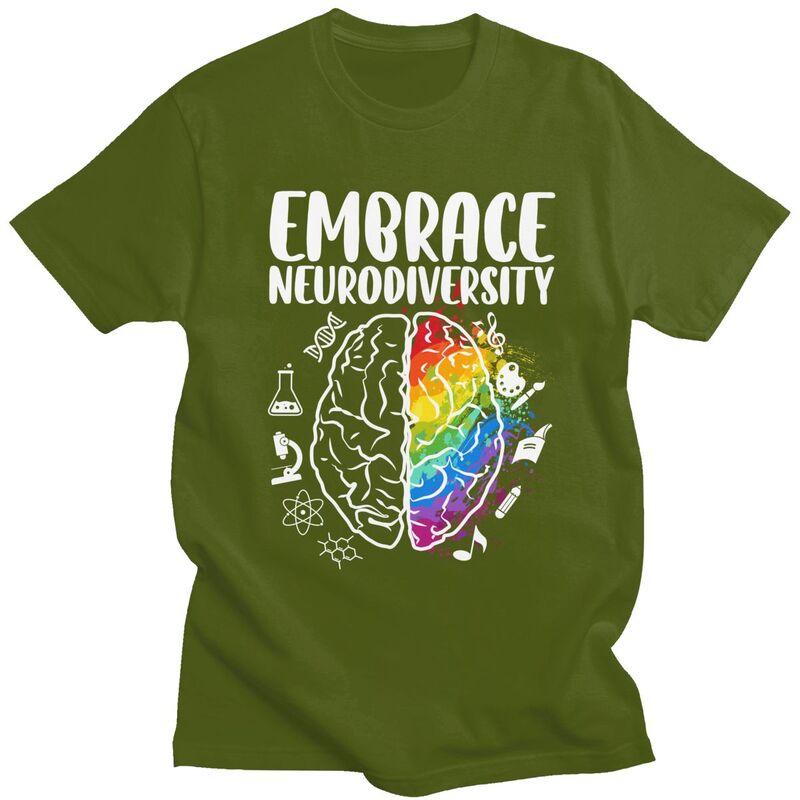 Embrace Neurodiversity Autism Awareness Colorful Brain TShirt Pure Cotton Tee Tops O Neck Tshirts Casual ShortSleeve Clothing