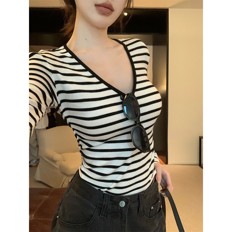 Kumikumi Pure Desire Style Contrast Color Stripe Sexy Temperament Long sleeves Shirt Women Autumn Slim fit Slimming Versatile Top