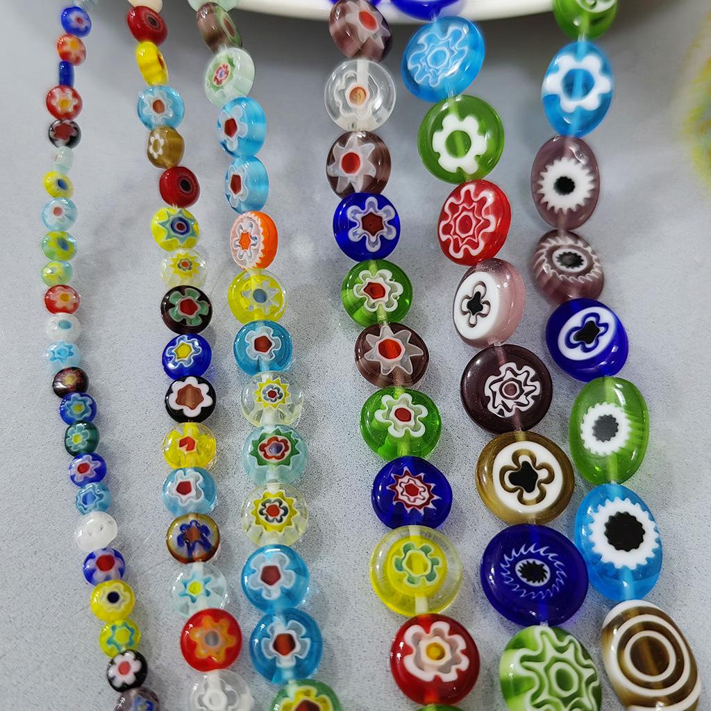 Millefiori Flower Glass Beads - Round Flat Beads for DIY Jewelry Making