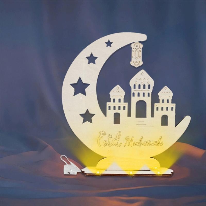 Unique Wooden EidMubarak Desk Ornament LED Moon Star DIY Lamp Light Table Decorations for Festive Celebrations