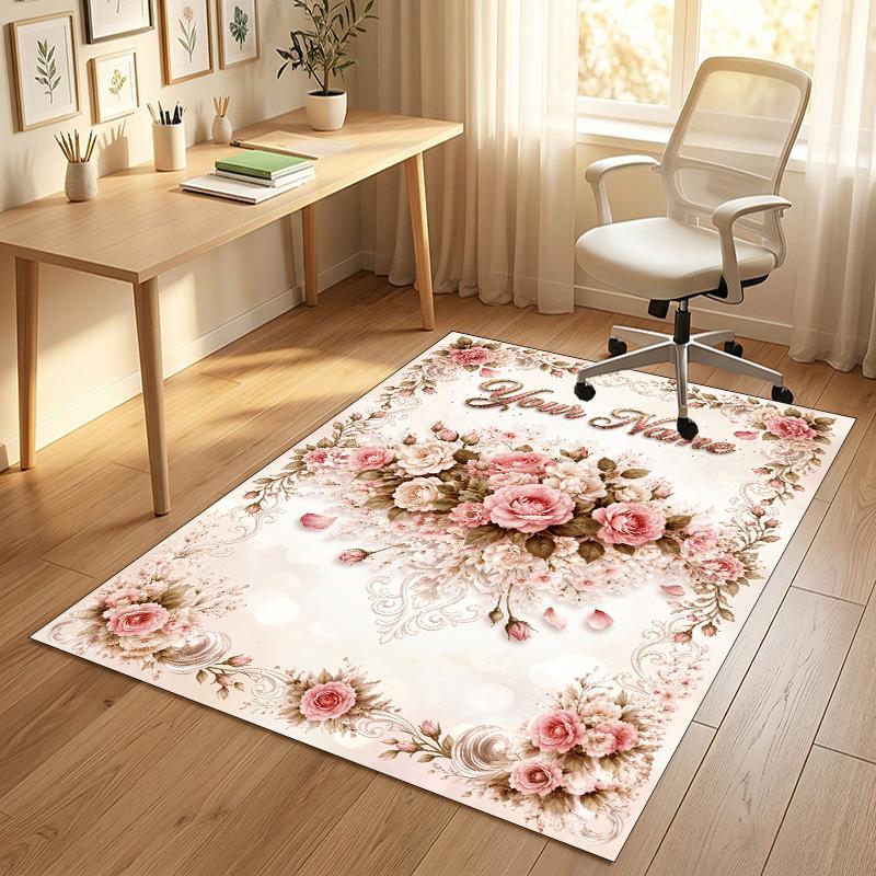 Floral Garden Theme Crystal Velvet Rug Personalized Custom Name Text Soft Floor Mat Home Decor