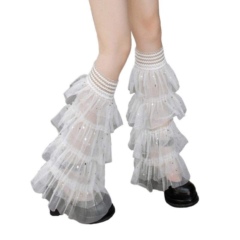 Women s Tiered Ruffle Lace Leg Warmers Lolitas Thigh High Leg Socks Princess Sheer Leg Warmers Summer Thin Leg Sleeves