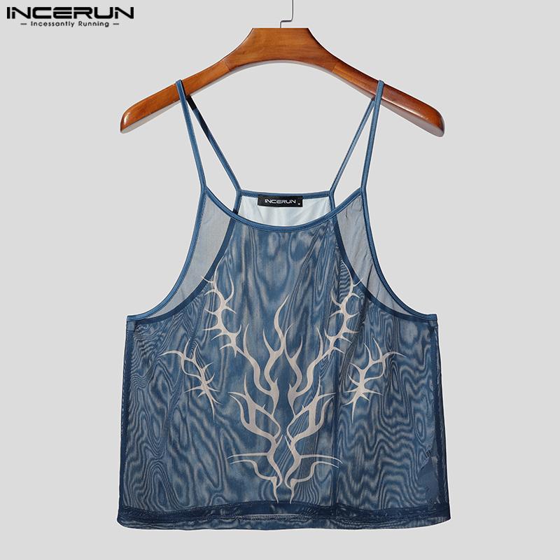 INCERUN Men Sling Sleeveless Print Mesh Sheer Tank Tops Camisole Undershirts