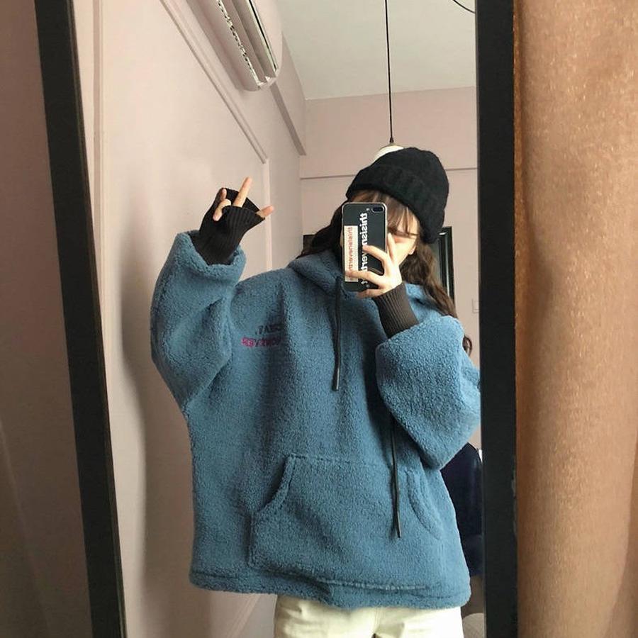 

Флисовая толстовка с капюшоном и принтом букв для женщин, осень-зима, новый стиль, свободный крой, корейский стиль, студенческое пальто XL синий